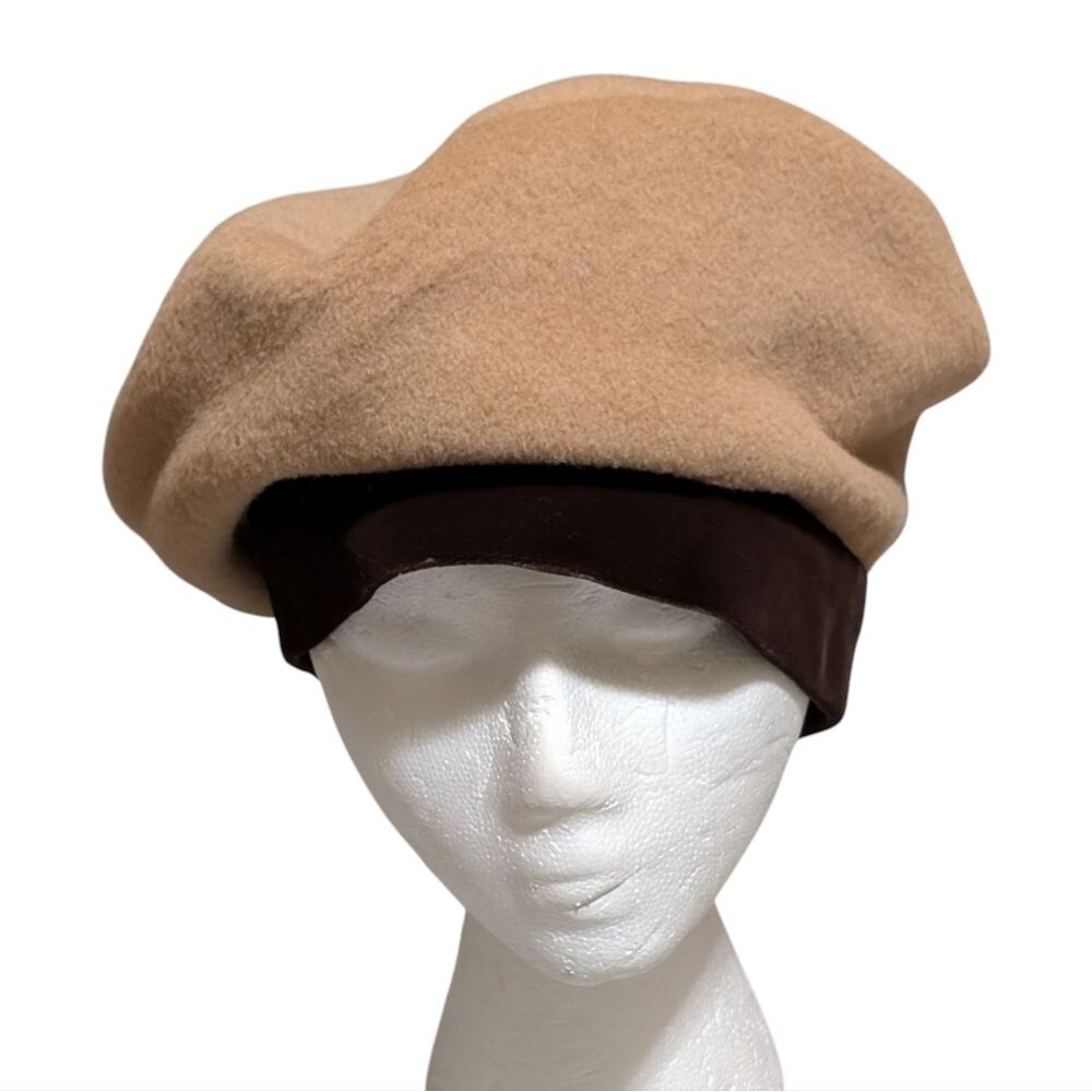 Vintage Utah Tailoring Mills felt beret with velvet trim OSFM tan brown classic - Picture 1 of 7
